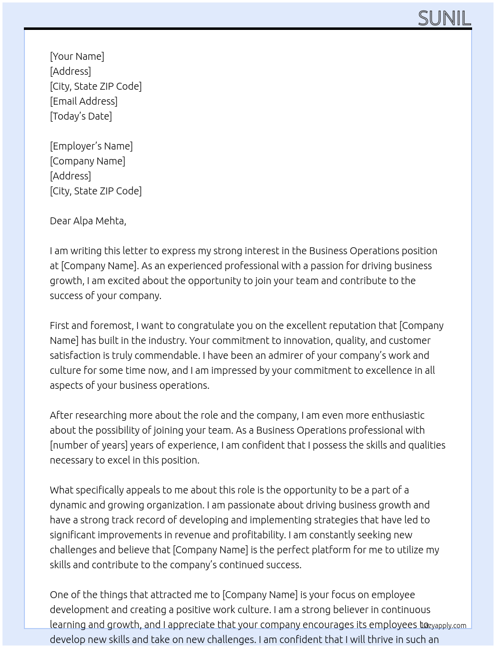 Cover letter for business operations - LazyApply