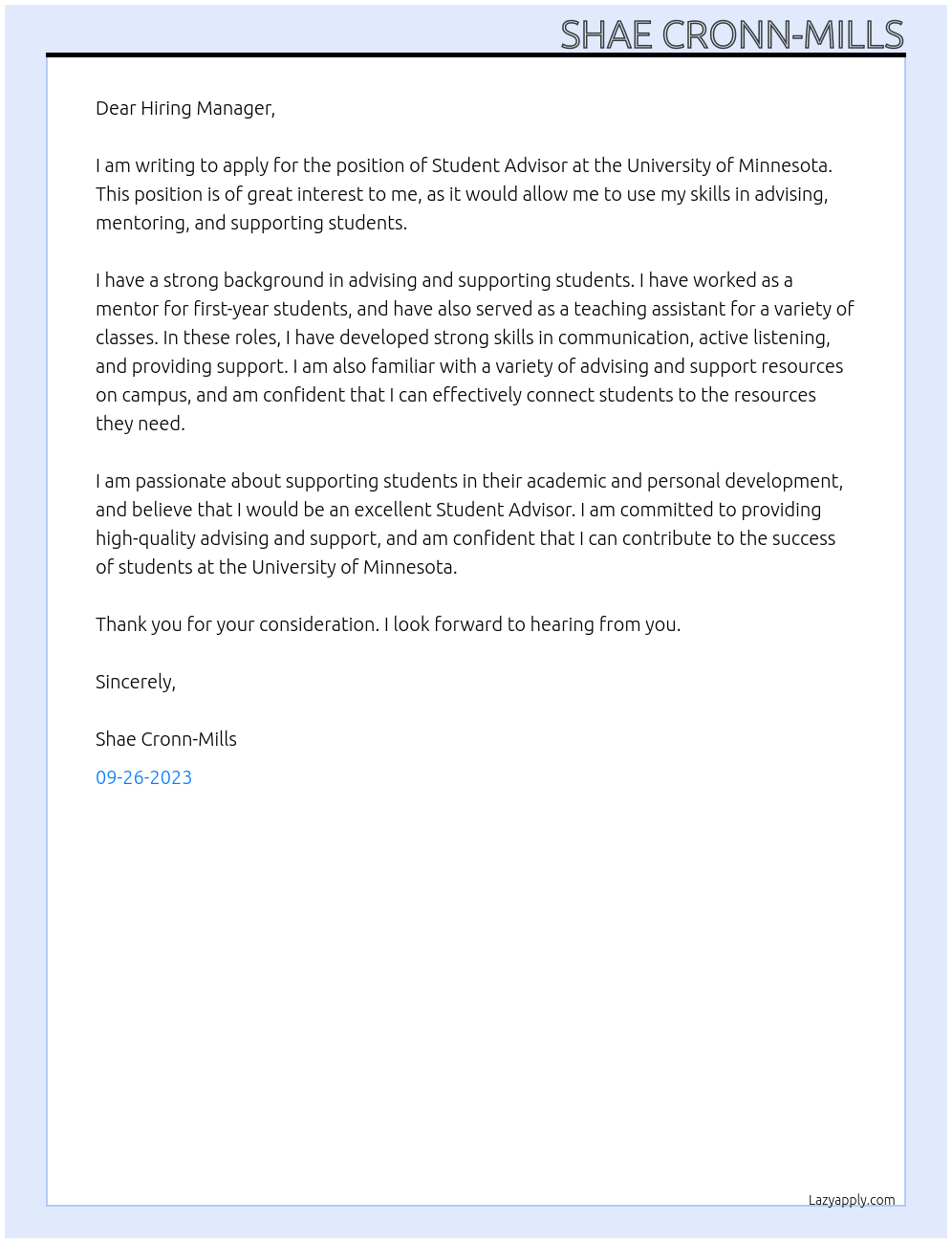 Student Advisor  At University of Minnesota Cover Letter