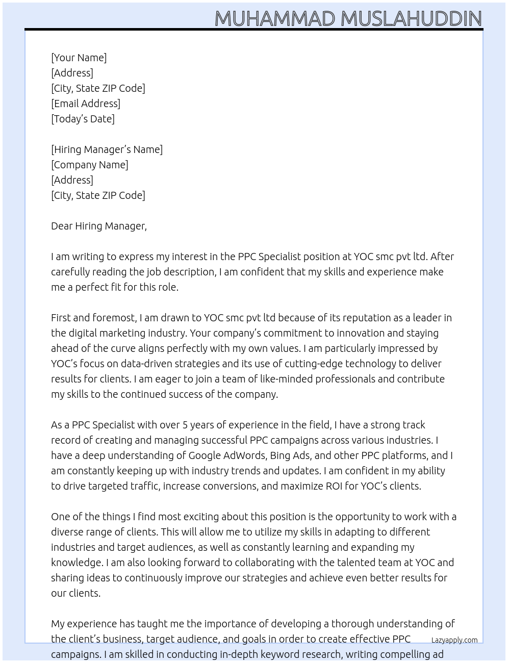 PPC Specialist At YOC smc pvt ltd Cover Letter