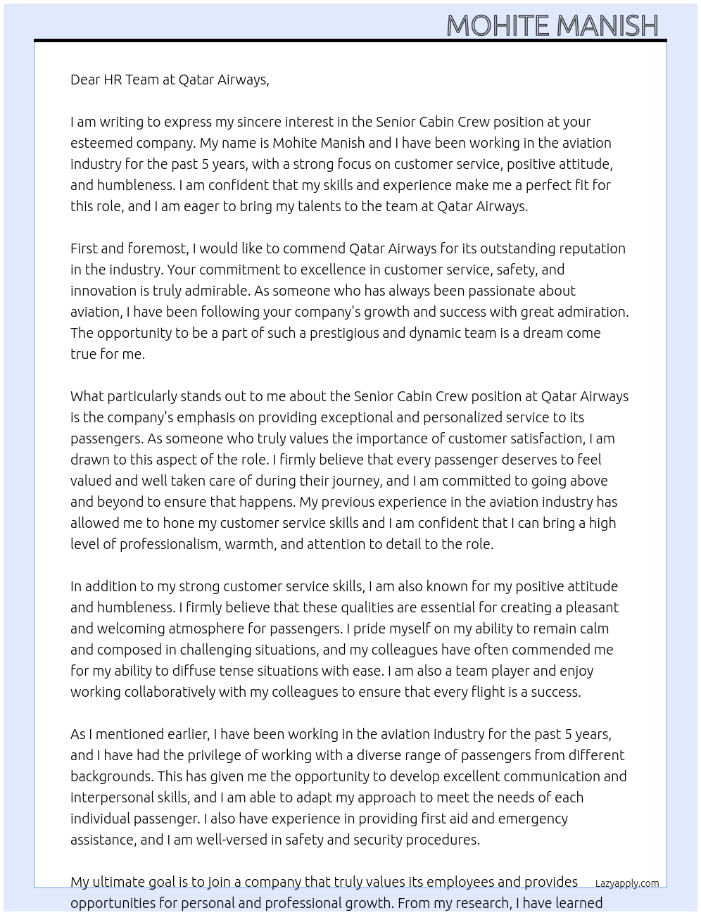 Senior cabin crew At Qatar Airways Cover Letter