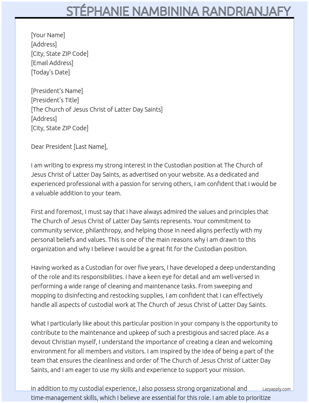 Custodian At Thé Church of Jesus Christ of Latter Day Saints Cover Letter