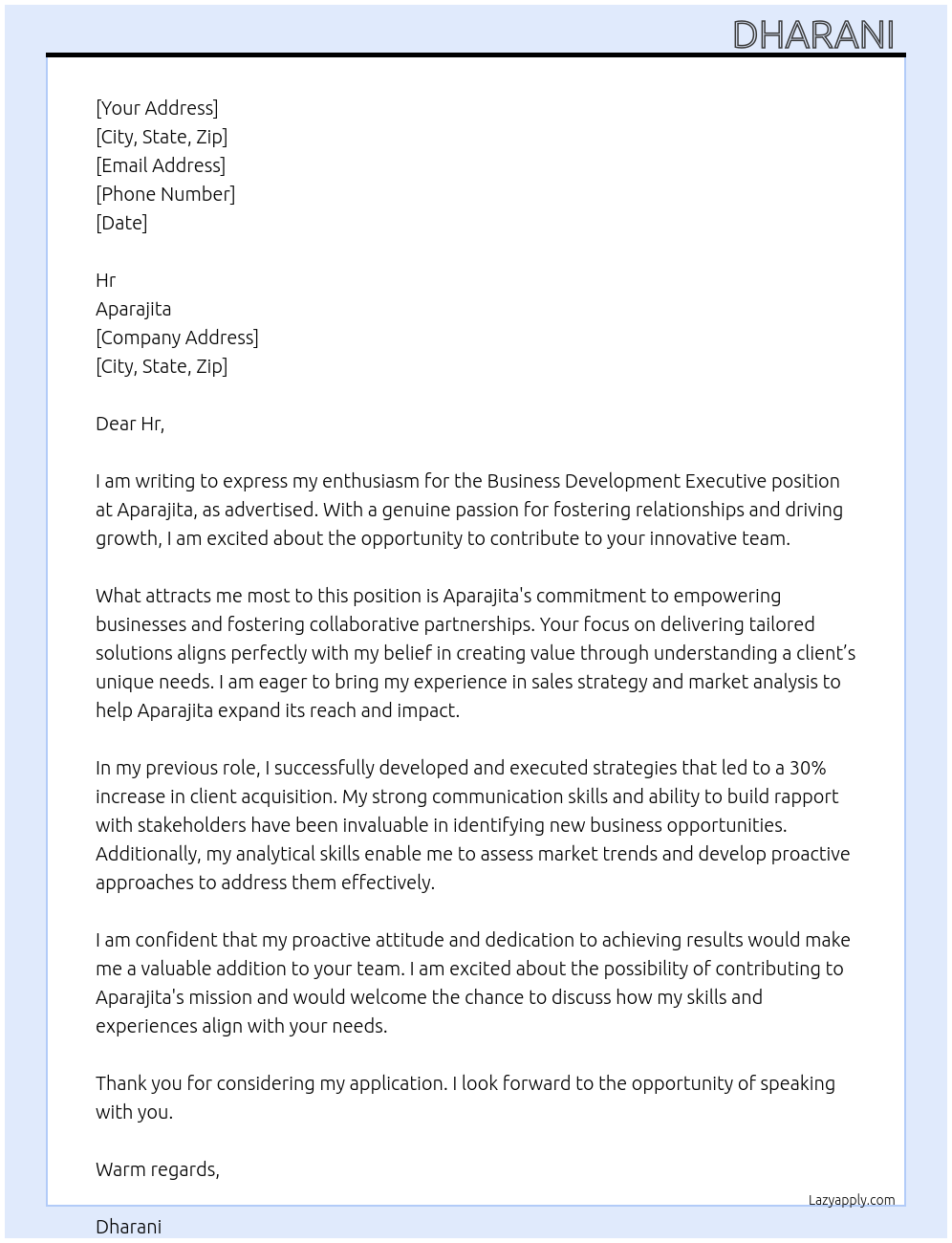 Business development executive At Aparajita Cover Letter