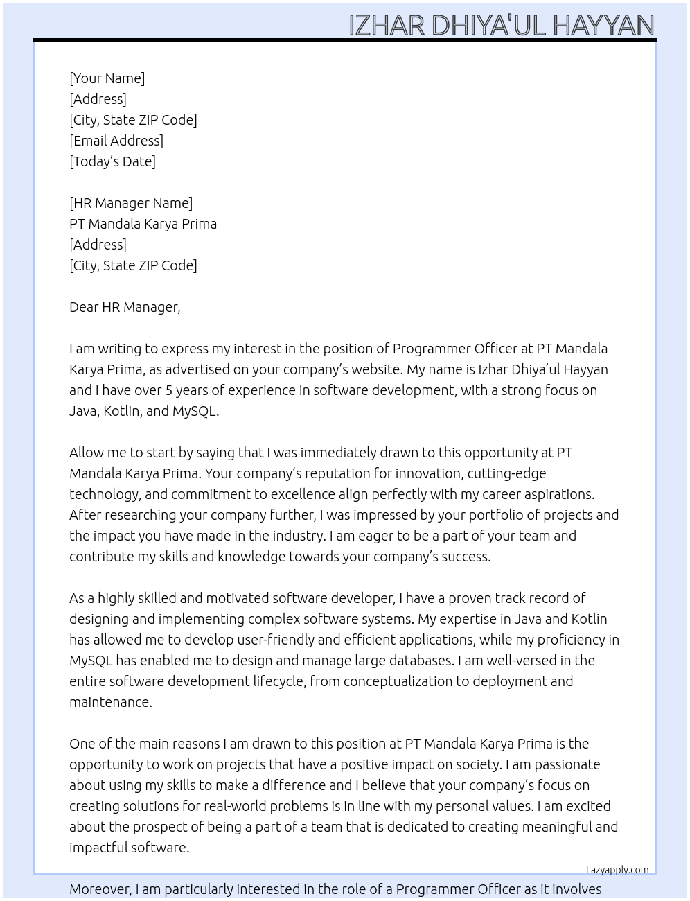 Cover letter for programmer officer - LazyApply