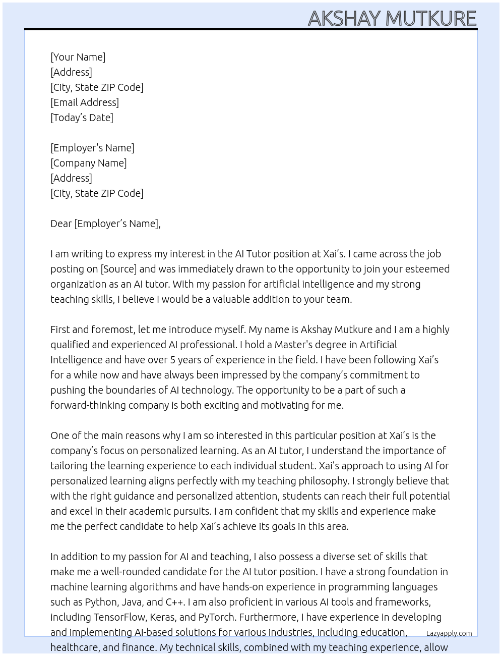 AI tutor At Xai’s Cover Letter