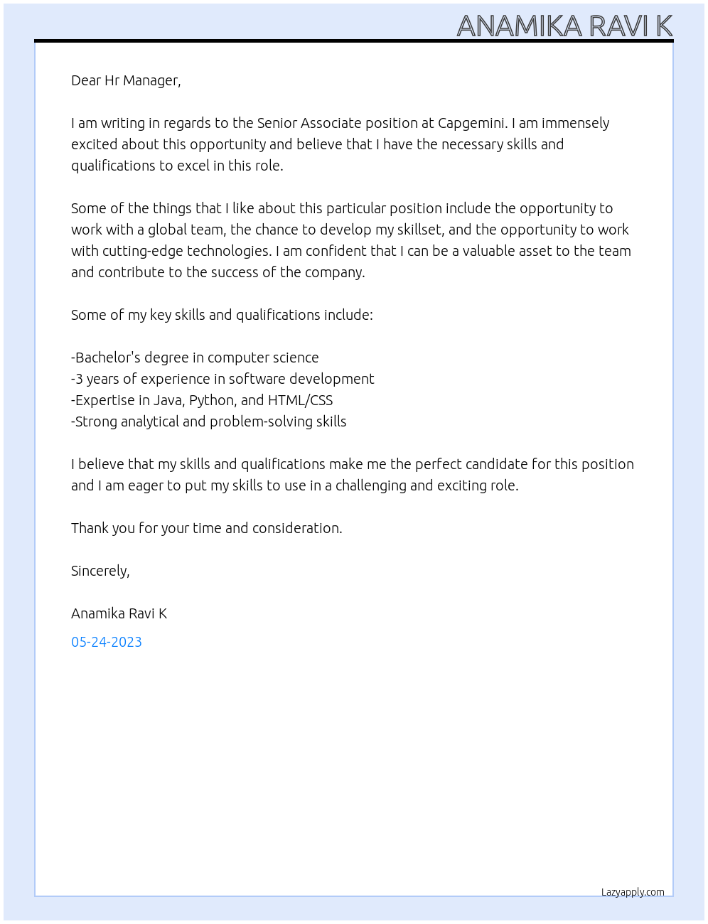 Senior Associate At Capgemini Cover Letter
