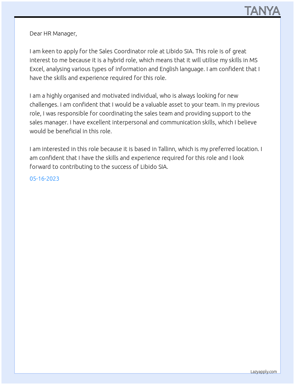 Sales Coordinator At Libido SIA Cover Letter