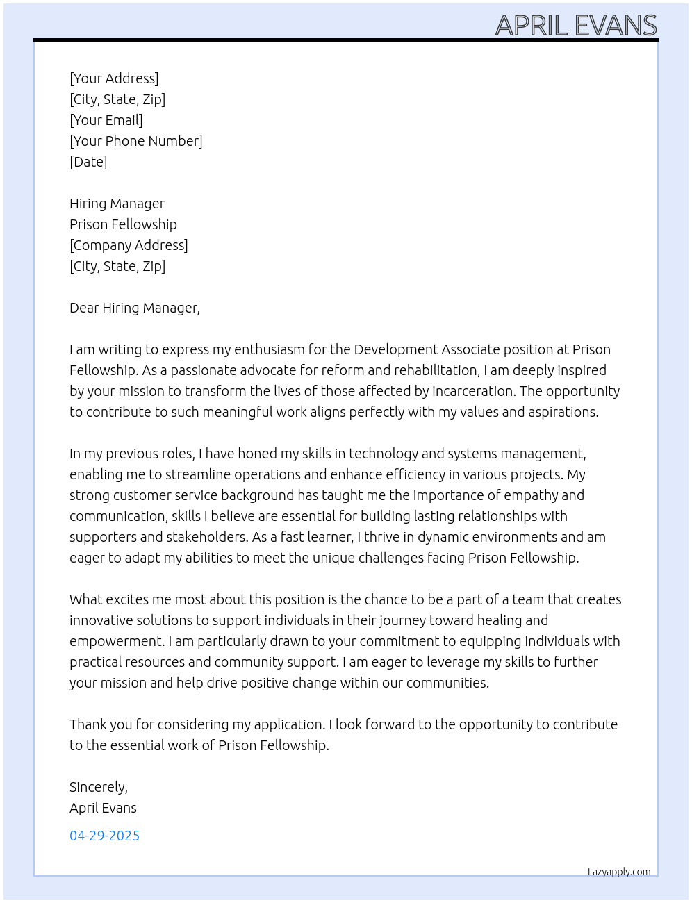 Development Associate At Prison Fellowship Cover Letter