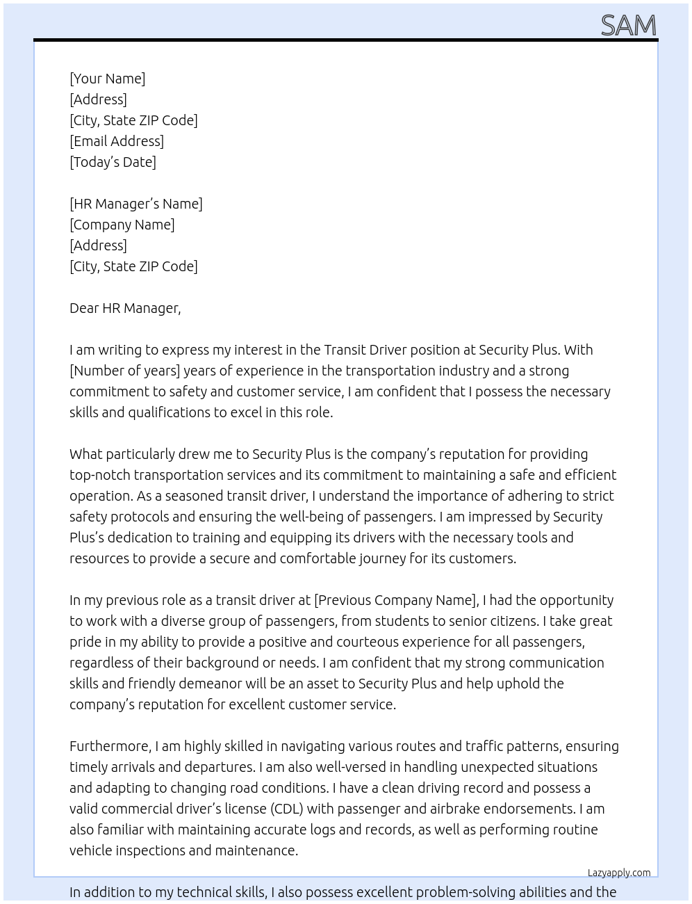 Transit driver At Security Plus Cover Letter