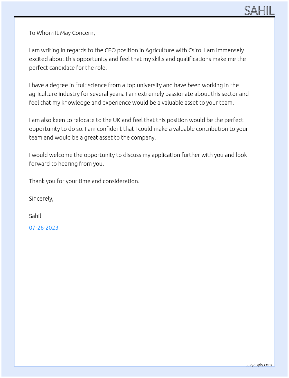 Agriculture At Csiro Cover Letter