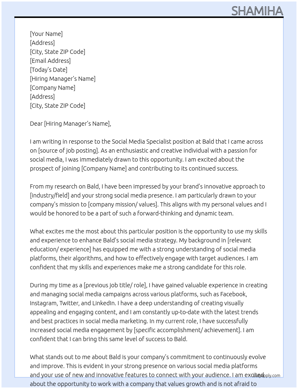 Social Media Specialist At Bald Cover Letter