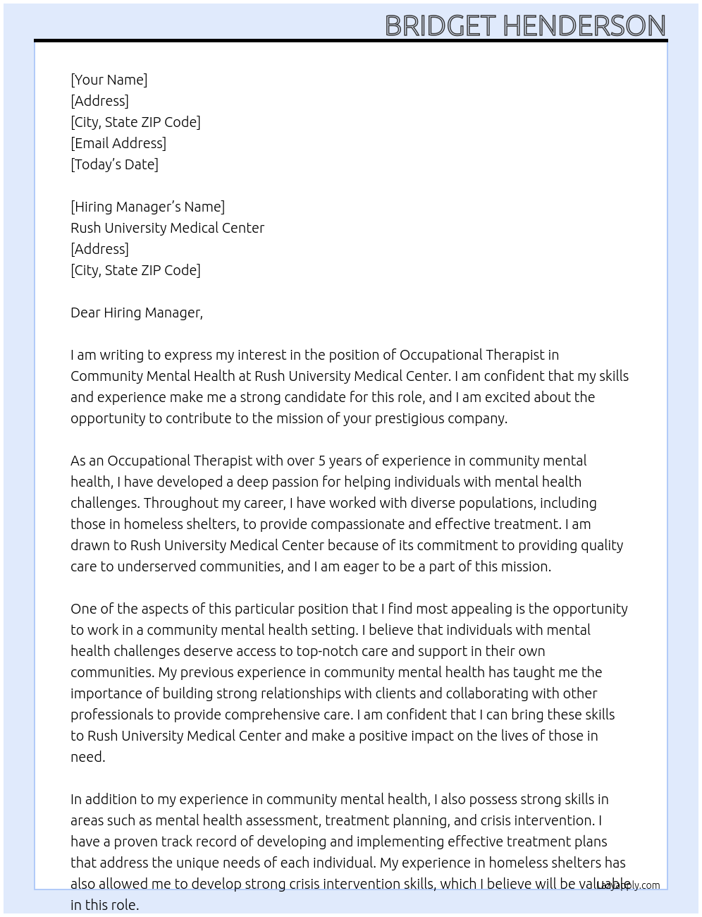 Cover letter for occupational therapist community mental health - LazyApply