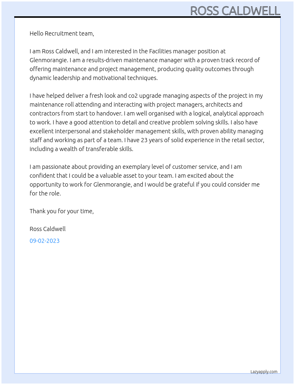 Facilities manager  At Glenmorangie  Cover Letter