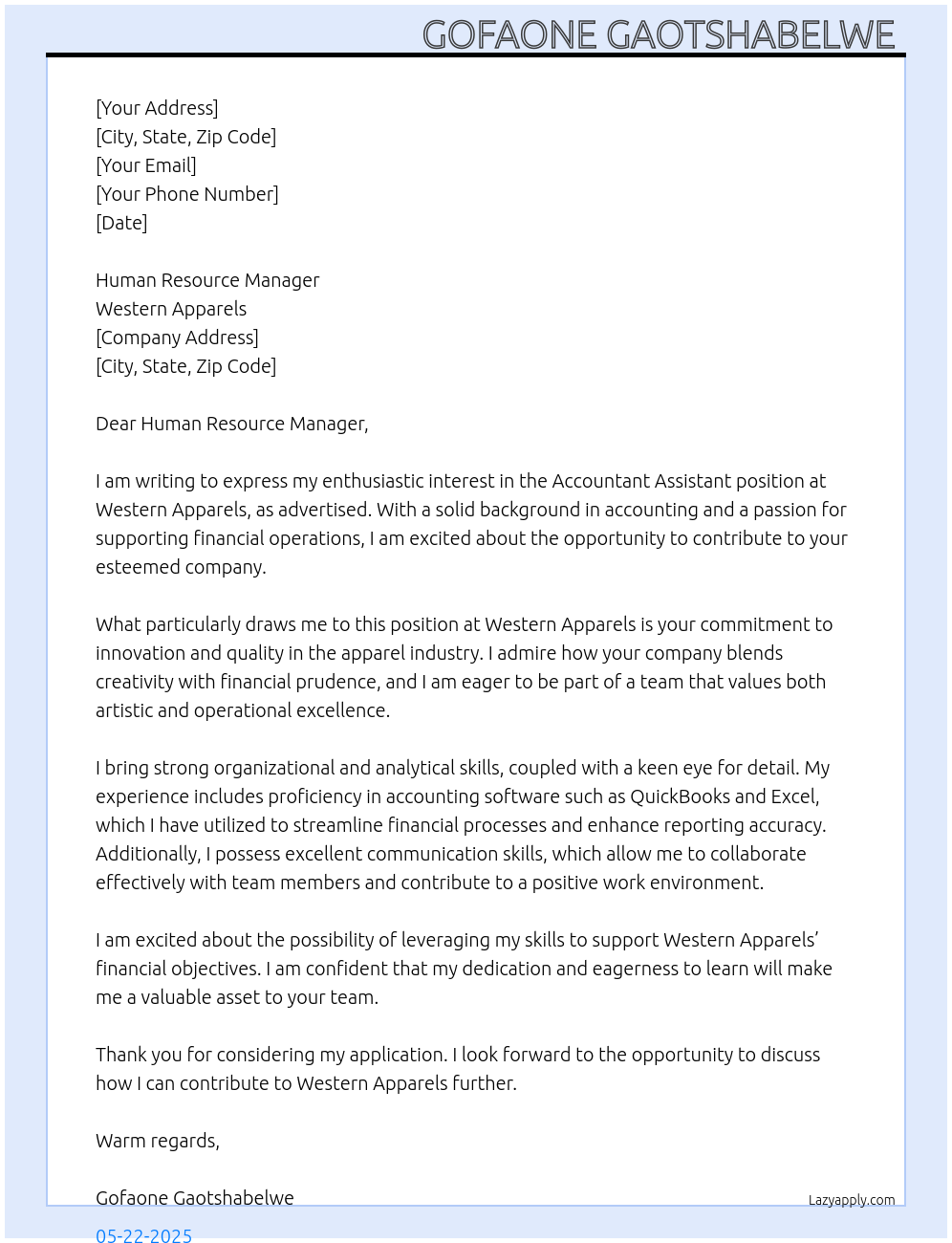 Cover letter for accountant assistant - LazyApply