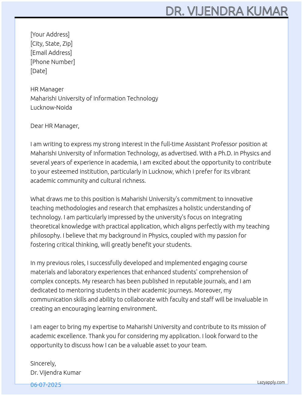 Assistant professor At Maharishi University of Information Technology, Lucknow-Noida Cover Letter