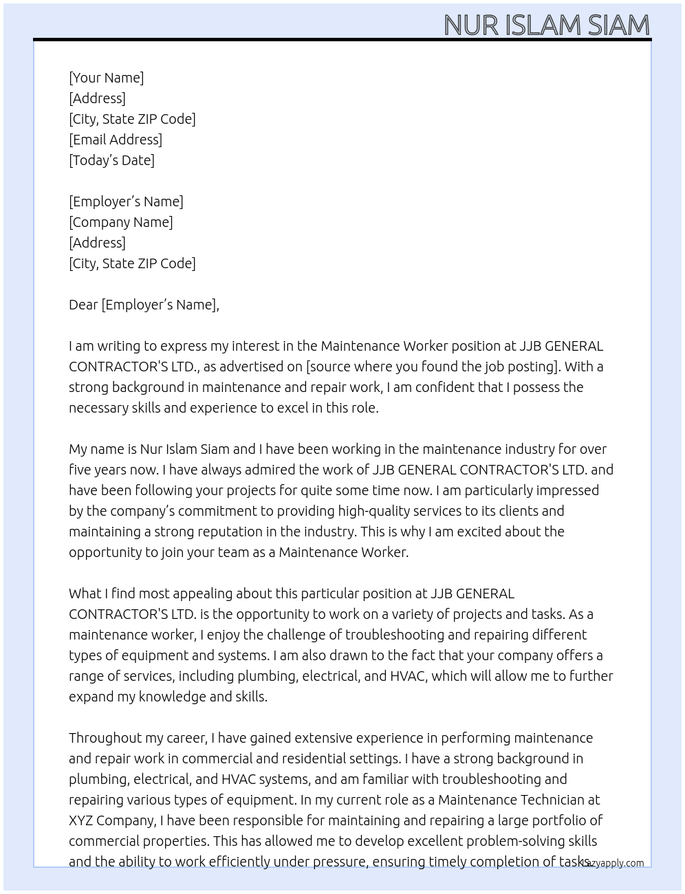 Maintenance worker At JJB GENERAL CONTRACTOR'S LTD. Cover Letter