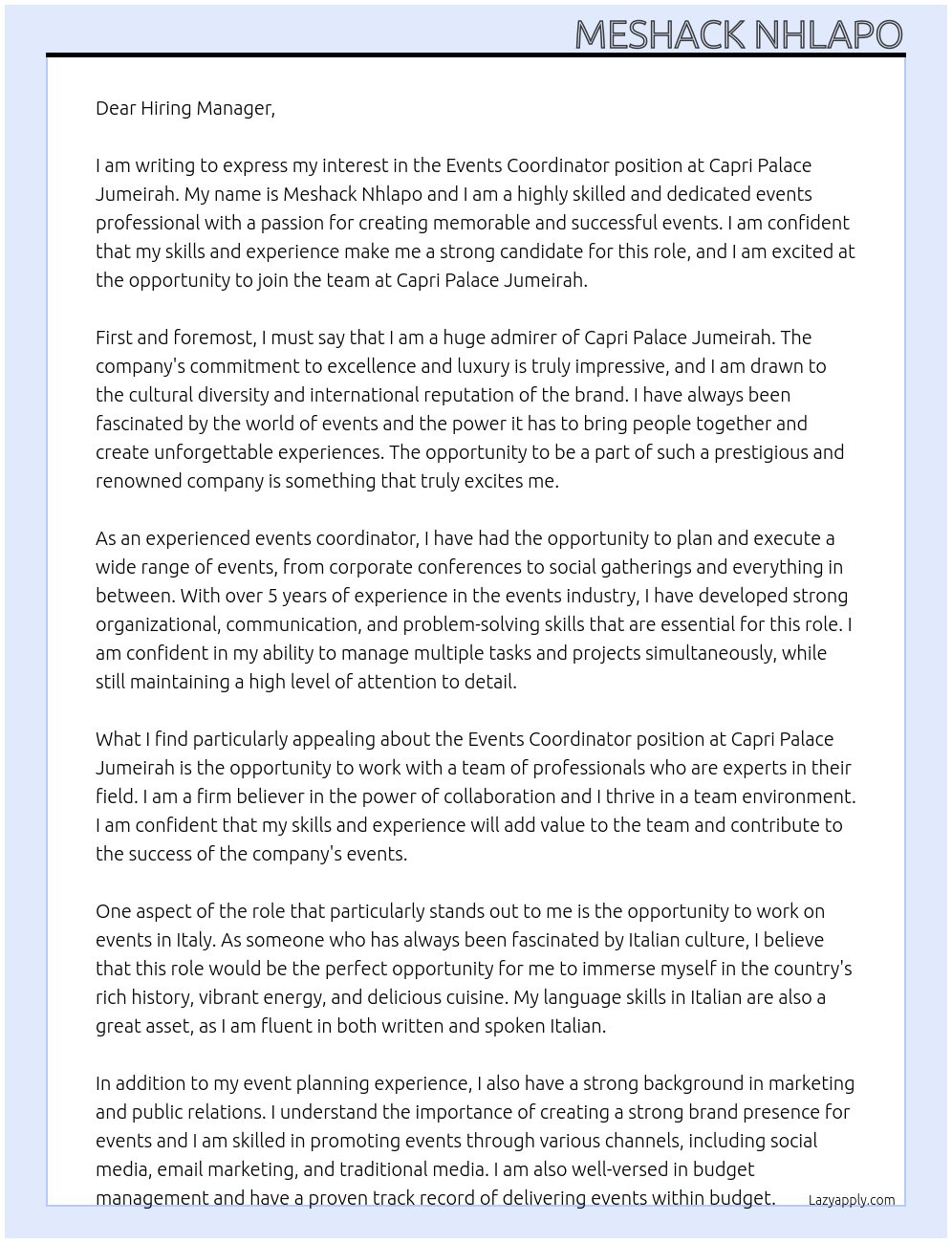 Events Coordinator At Capri Palace Jumeirah Cover Letter
