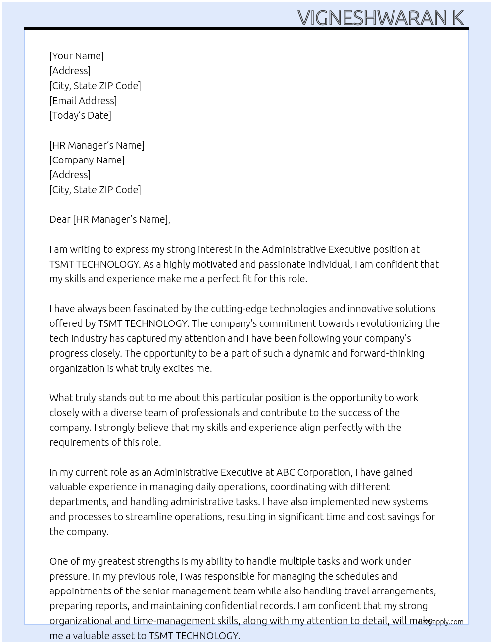 Administrative executive At TSMT TECHNOLOGY Cover Letter