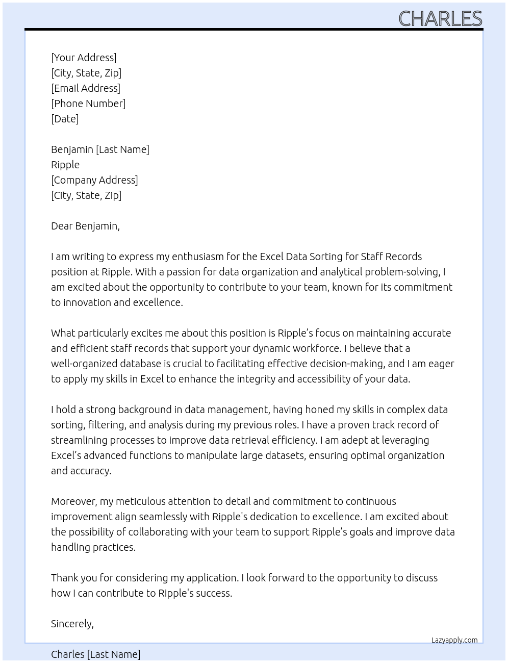 Excel Data Sorting for Staff Records At Ripple Cover Letter