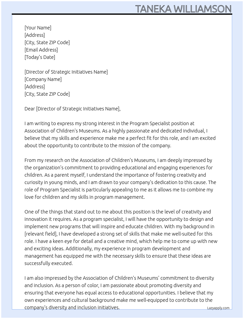 Program Specialist At Association of Children's Museums Cover Letter