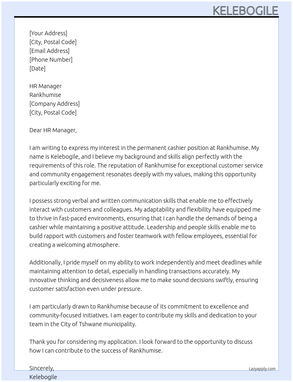 cashier At Rankhumise Cover Letter