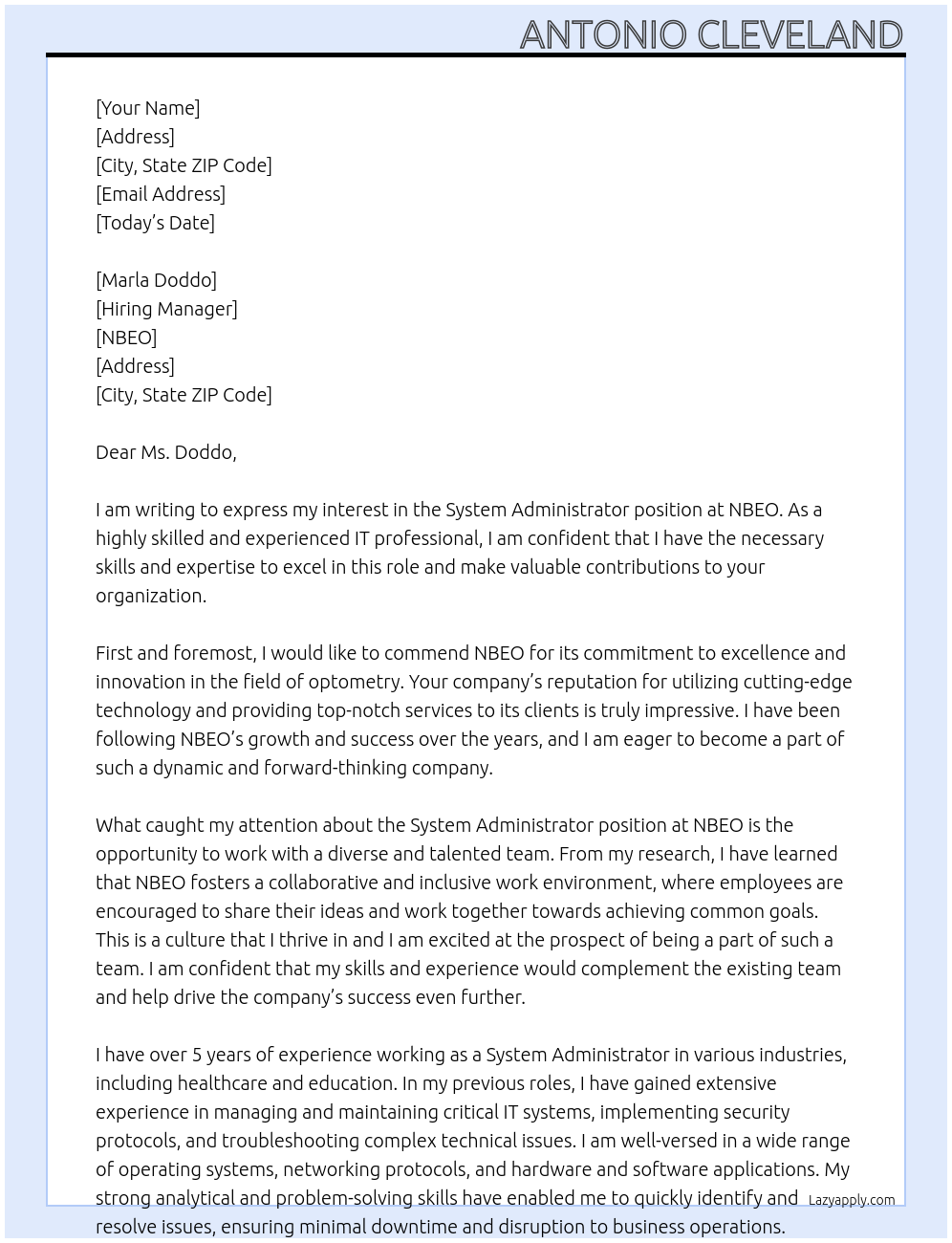 System Administrator At NBEO Cover Letter