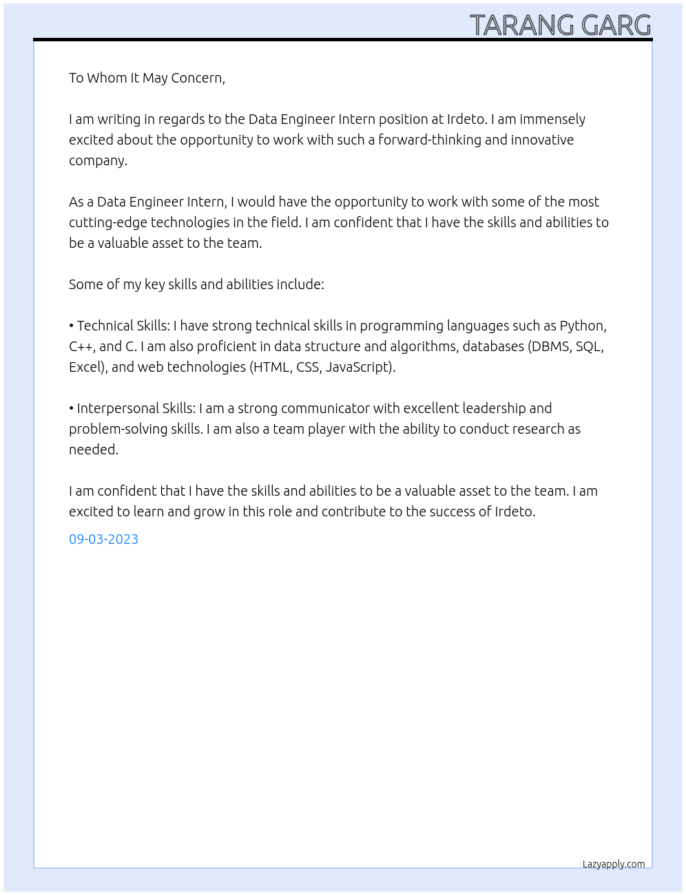 Data Engineer Intern At Irdeto Cover Letter