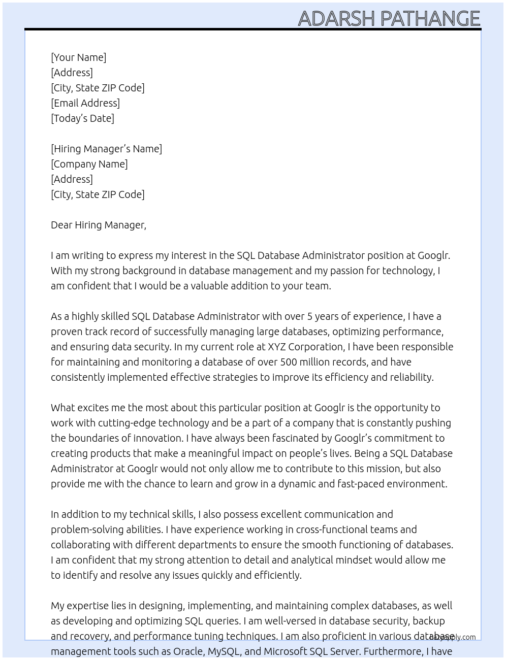 Cover letter for sql database administrator - LazyApply
