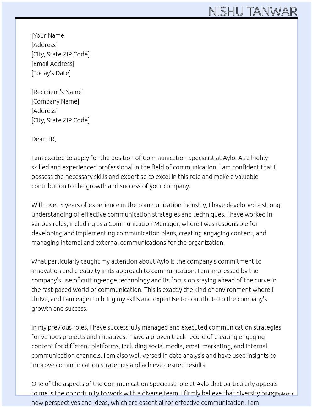 Communication Specialist At Aylo Cover Letter