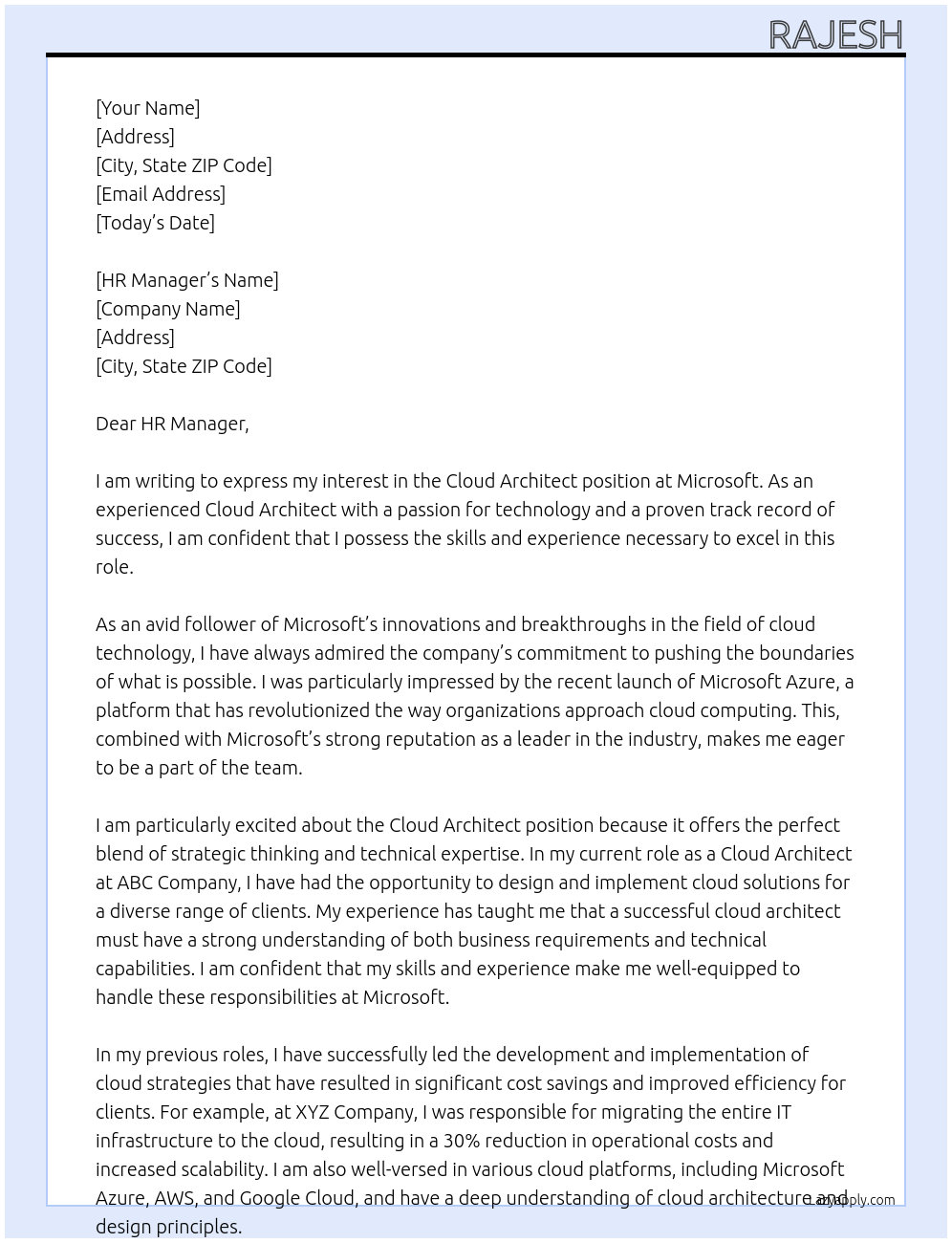 Cloud Architect At Microsoft Cover Letter