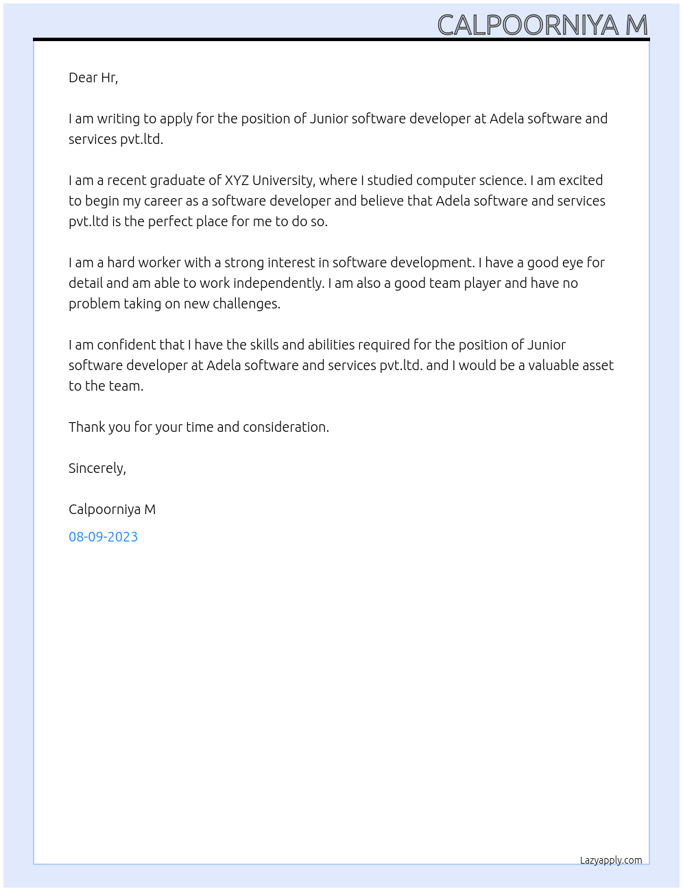 Junior software developer At Adela software and services pvt.ltd. Cover Letter