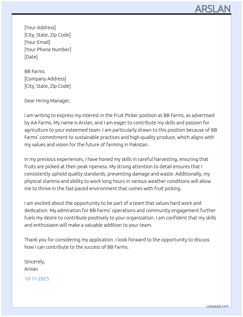 Cover letter for fruit picker - LazyApply