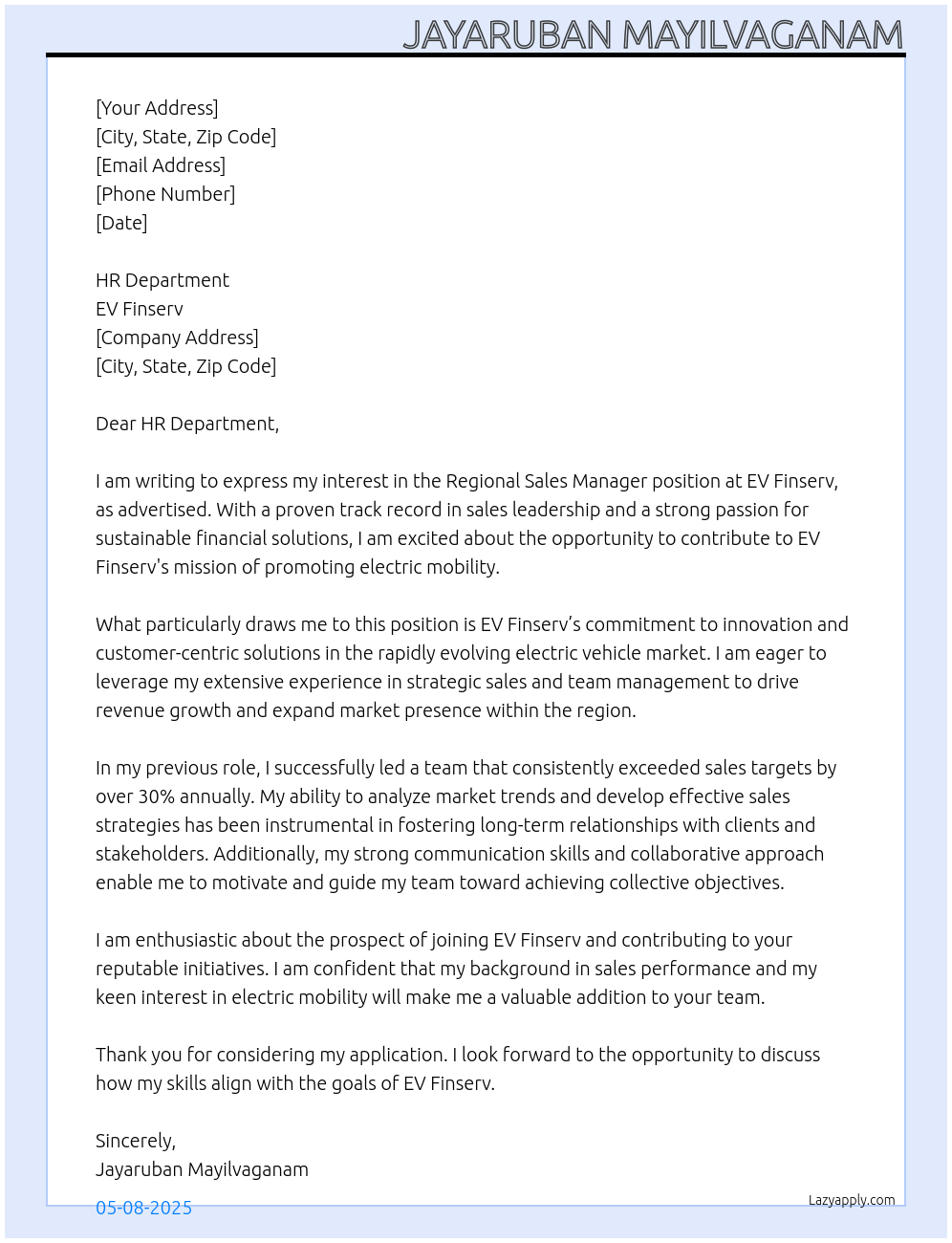 Regional Sales Manager At EV Finserv Cover Letter