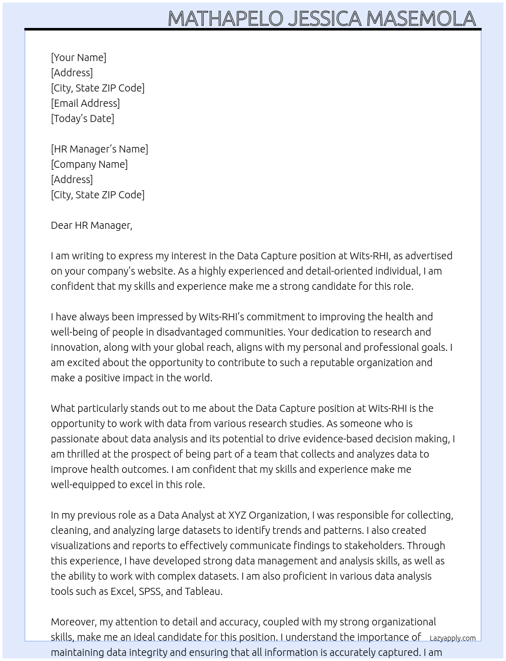 Data Capture At Wits-RHI Cover Letter