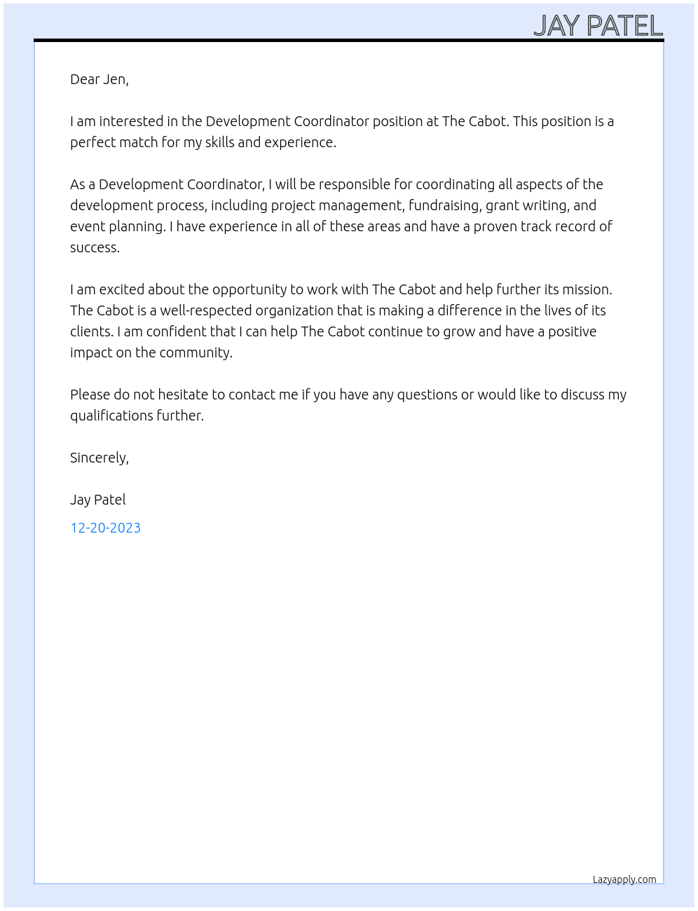 Development Coordinator At The Cabot Cover Letter