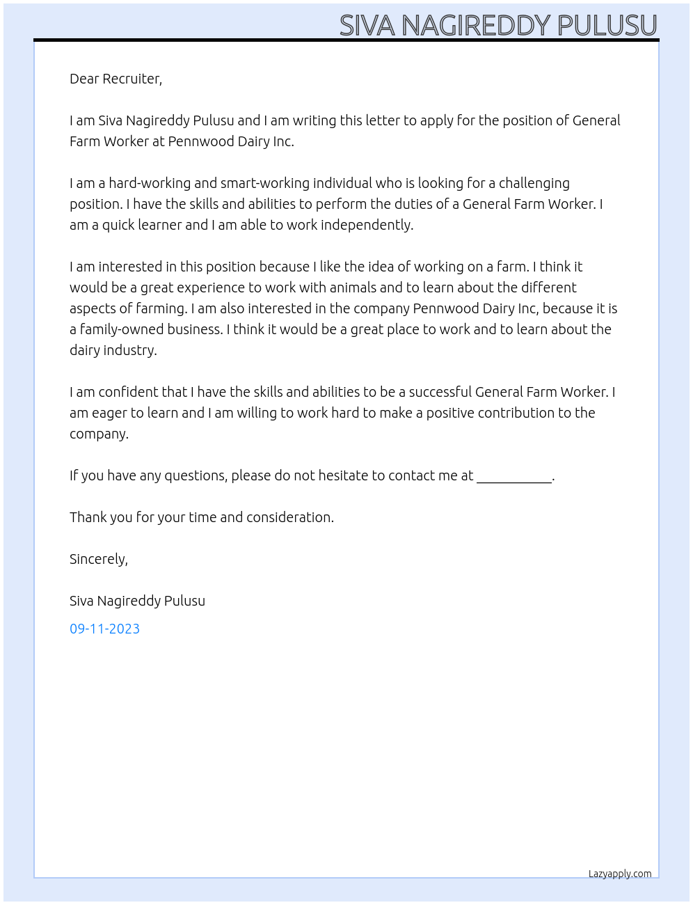 General Farm Worker At Pennwood dairy inc Cover Letter