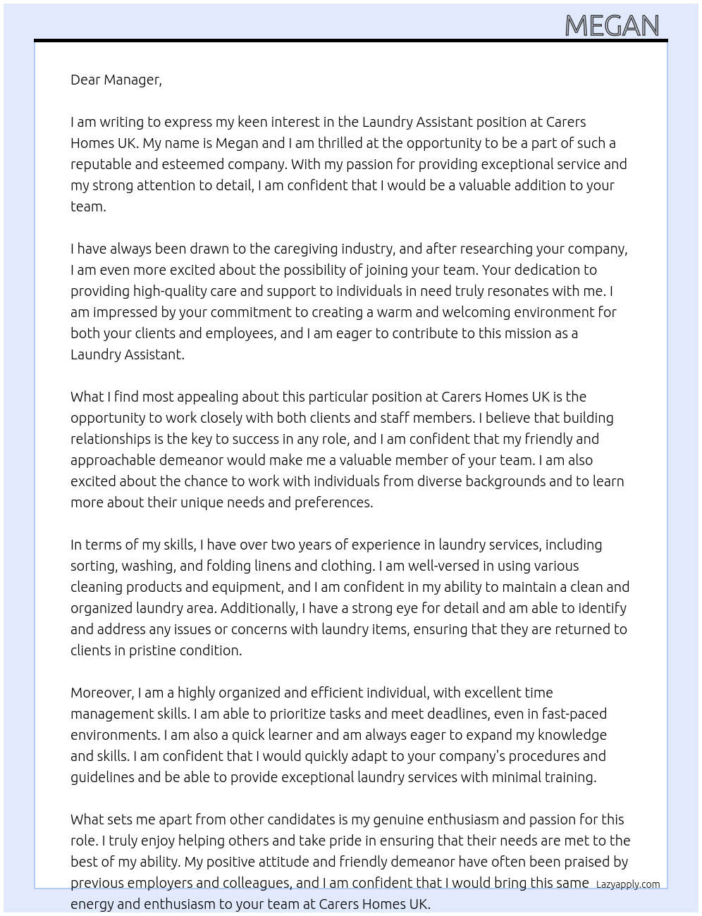 Laundry assistant At Carers homes uk Cover Letter