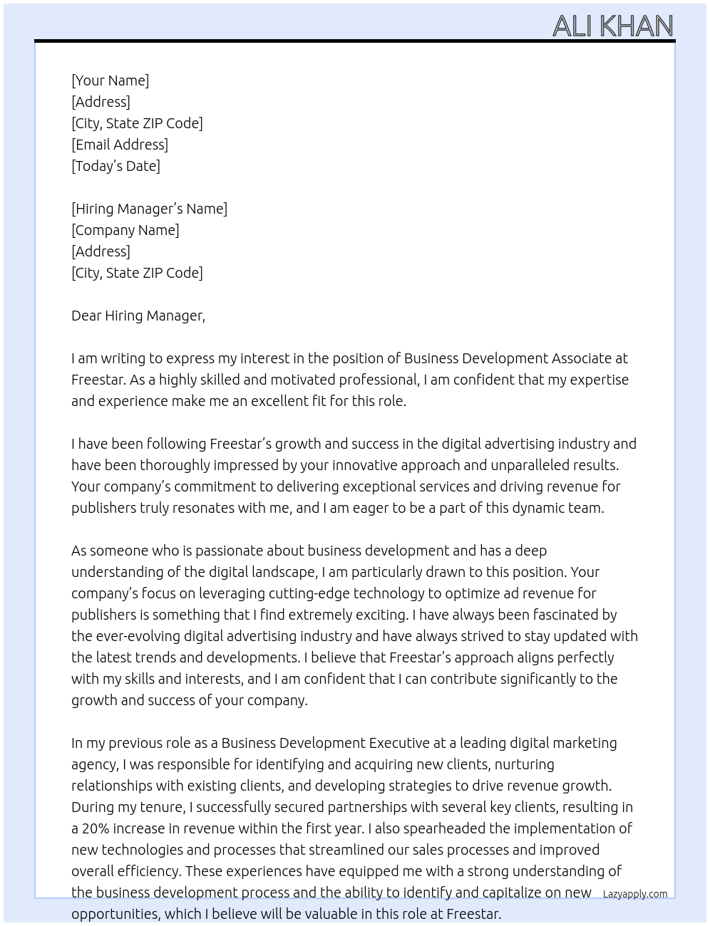 Business Development Associate At Freestar Cover Letter