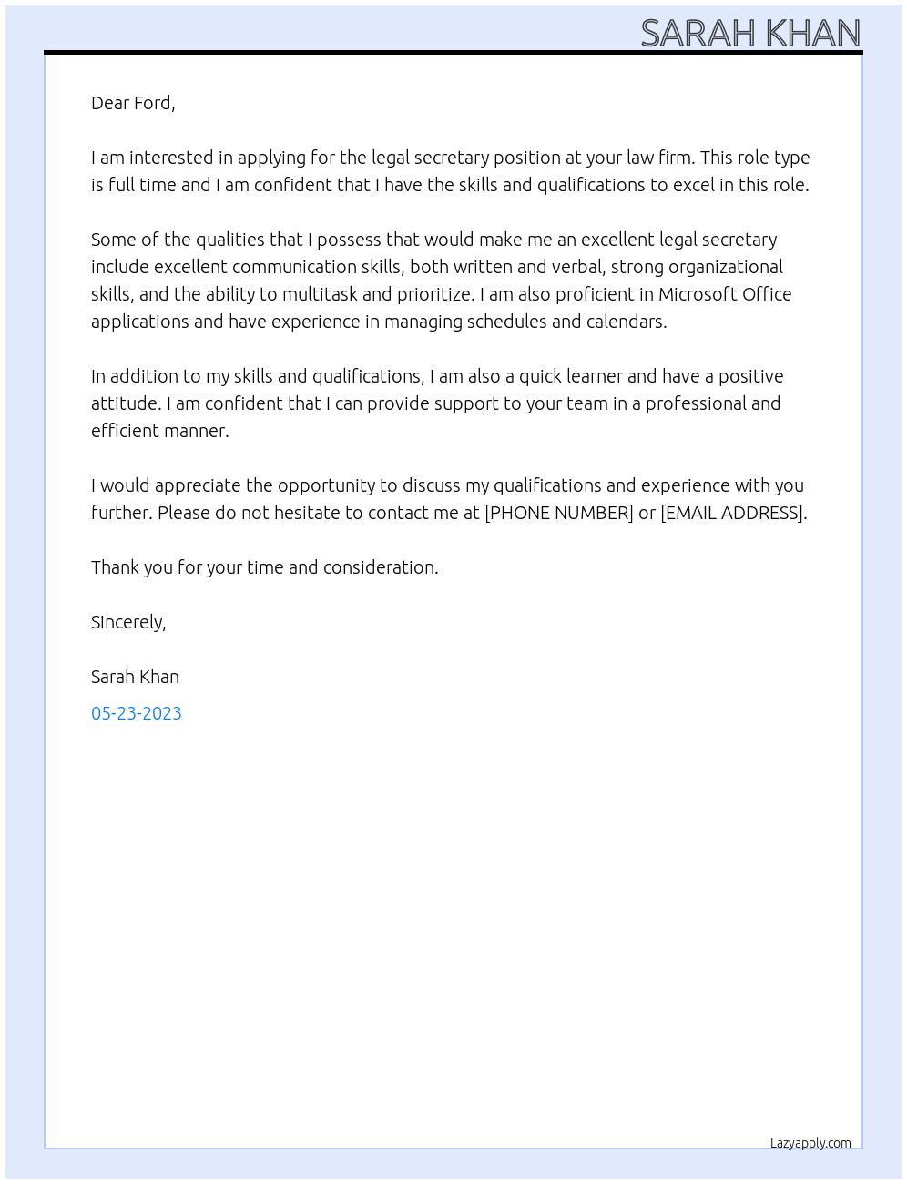 Legal Secretary At Law Firm Cover Letter