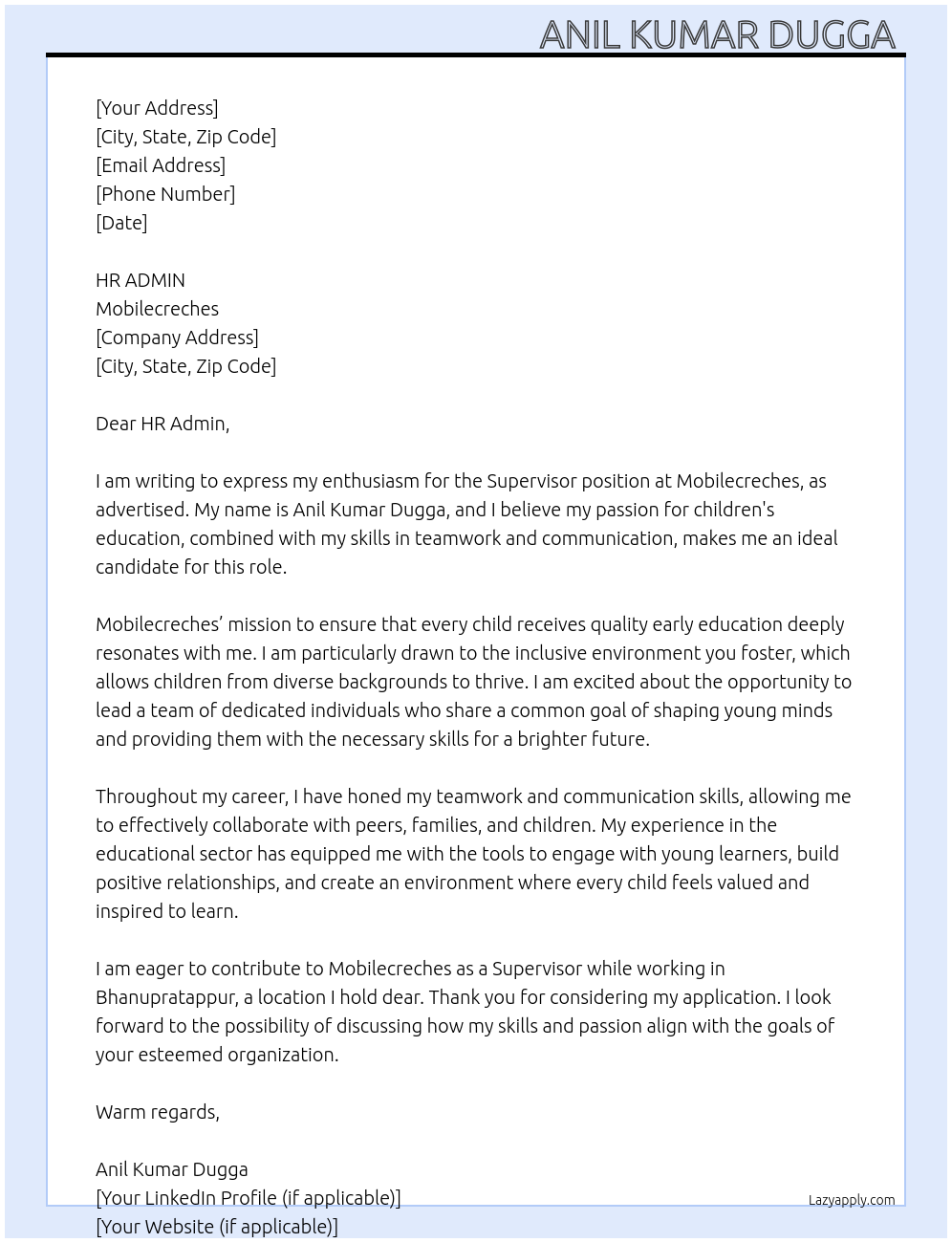 Supervisor At Mobilecreches Cover Letter