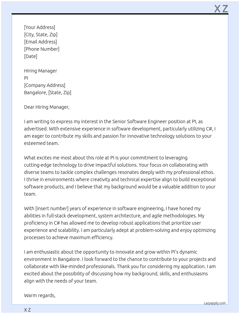 Senior Software Engineer At PI Cover Letter