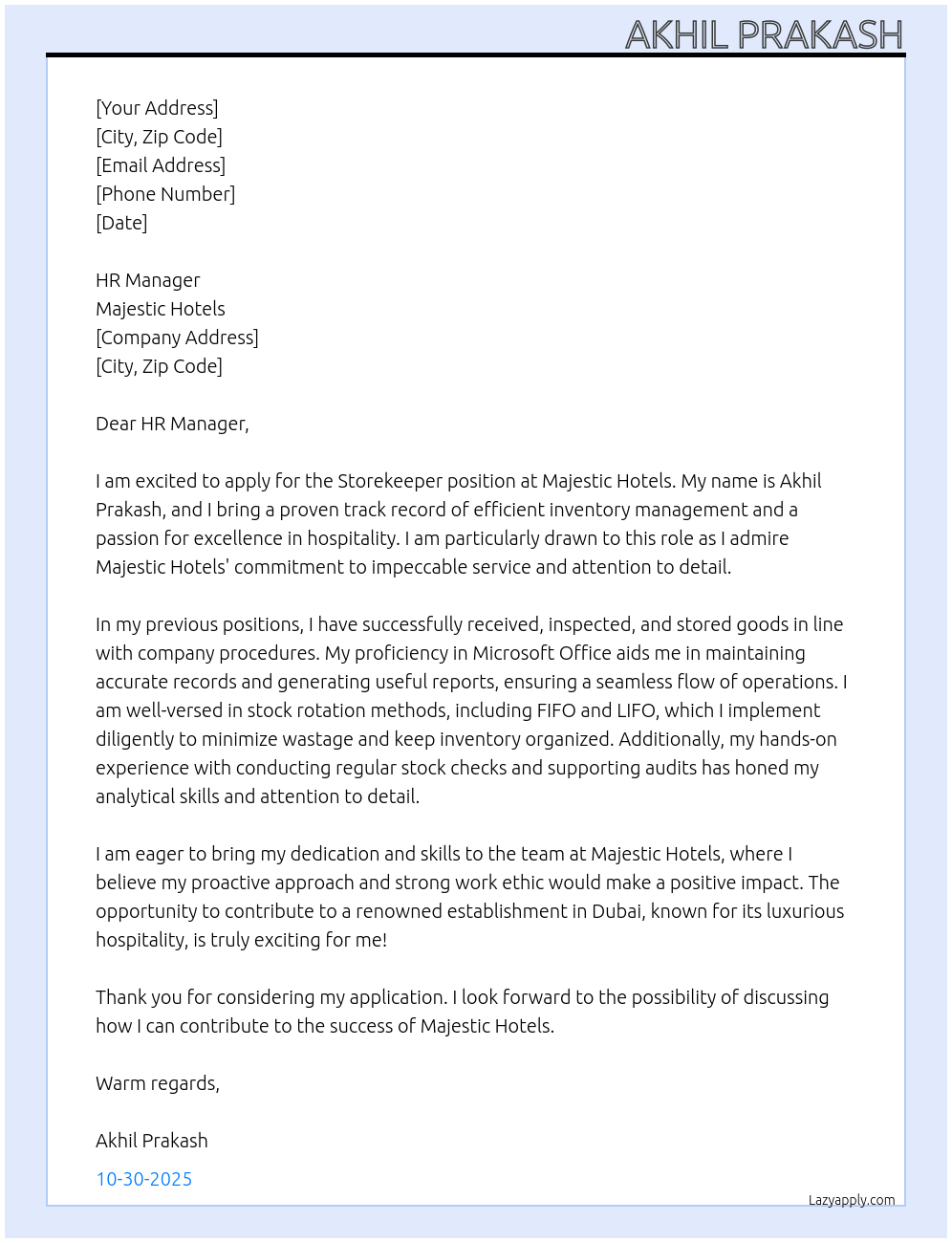 Cover letter for storekeeper - LazyApply