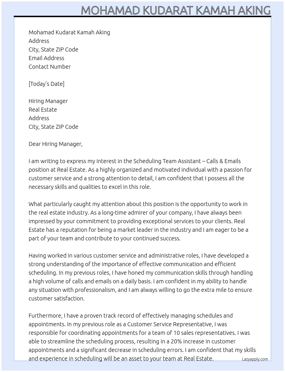 Scheduling Team Assistant – Calls & Emails At Real Estate Cover Letter