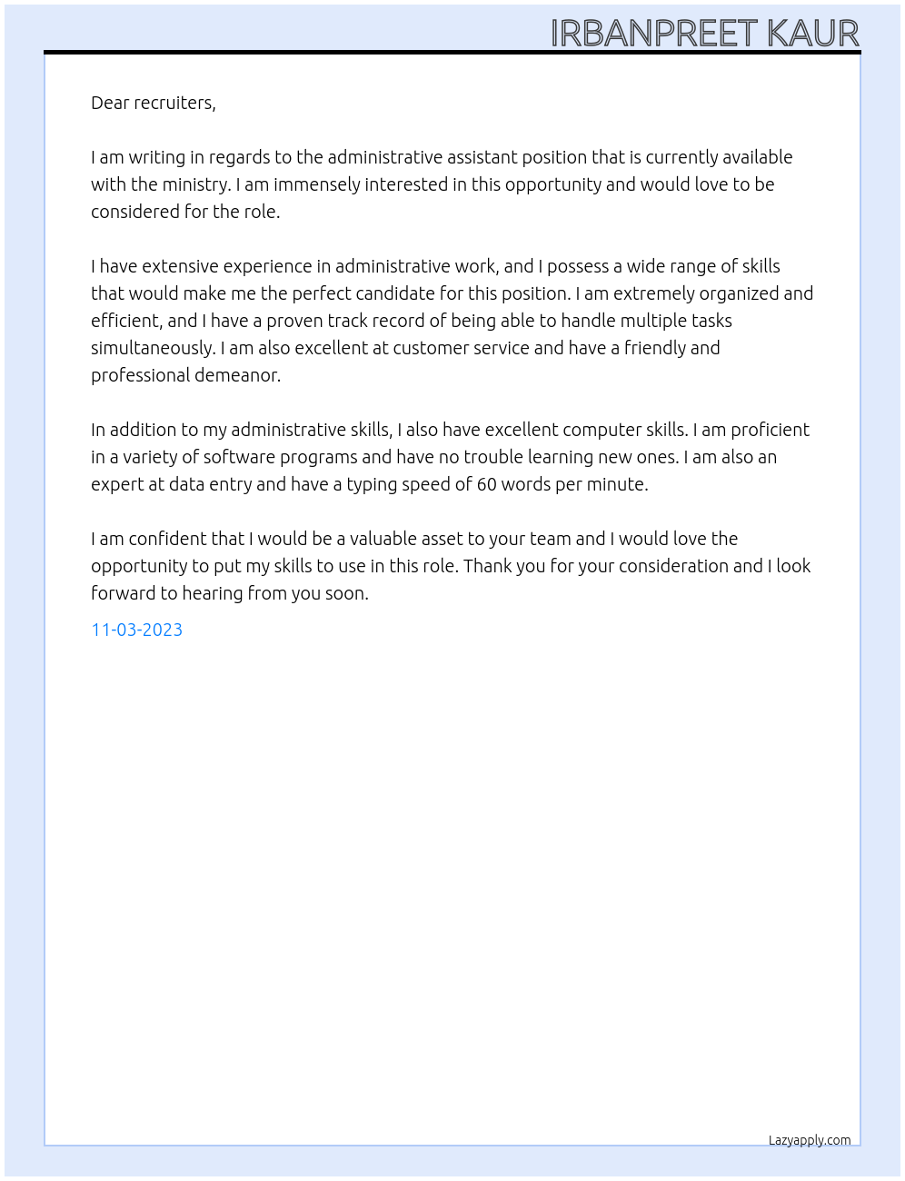 adminstrative assistant At ministry Cover Letter