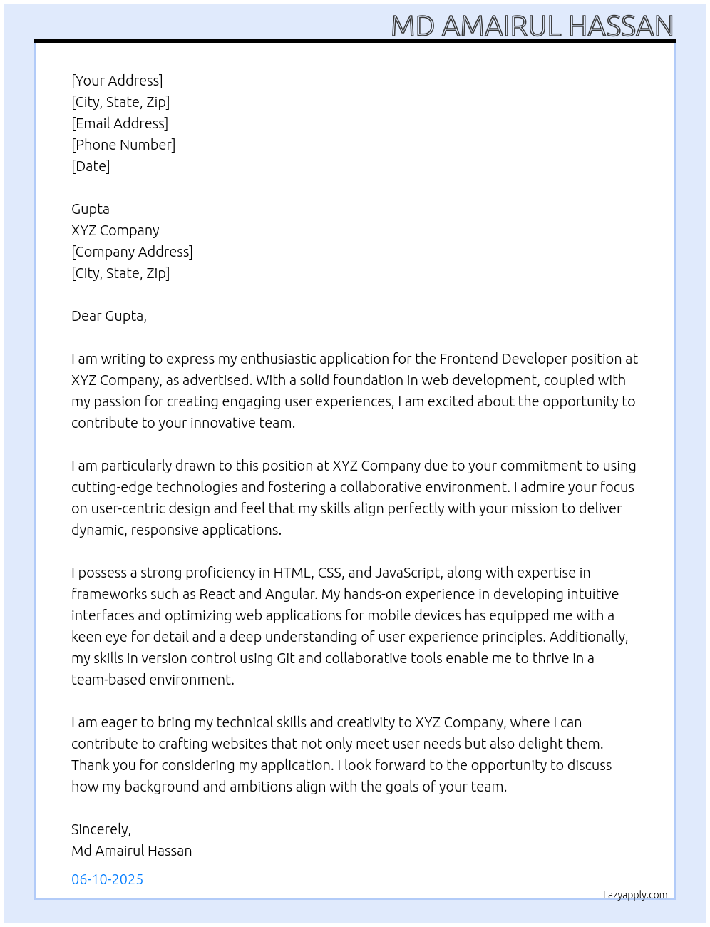 frontend Developer At xyz Cover Letter