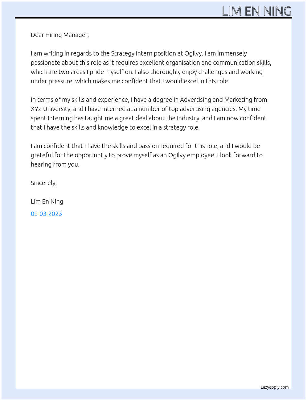 Strategy Intern At Ogilvy Cover Letter