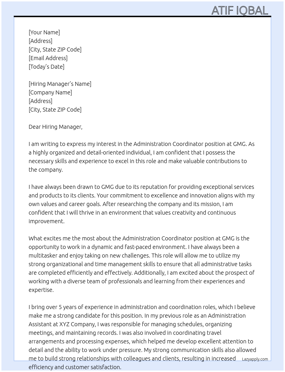 Administration Coordinator At GMG Cover Letter