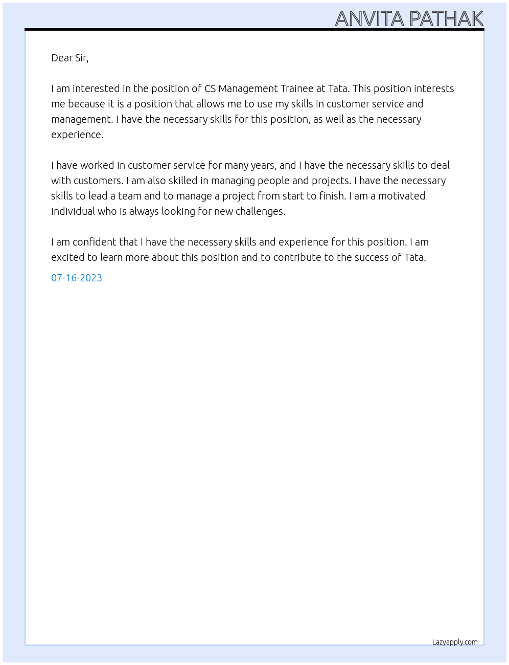 cs management trainee At tata Cover Letter