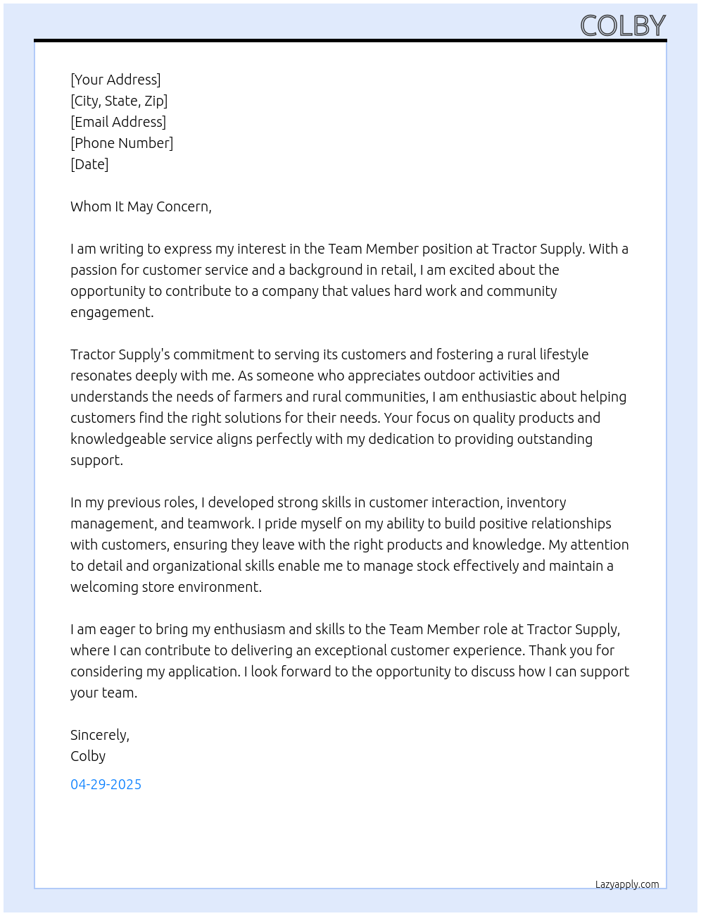 Team Member At Tractor supply Cover Letter