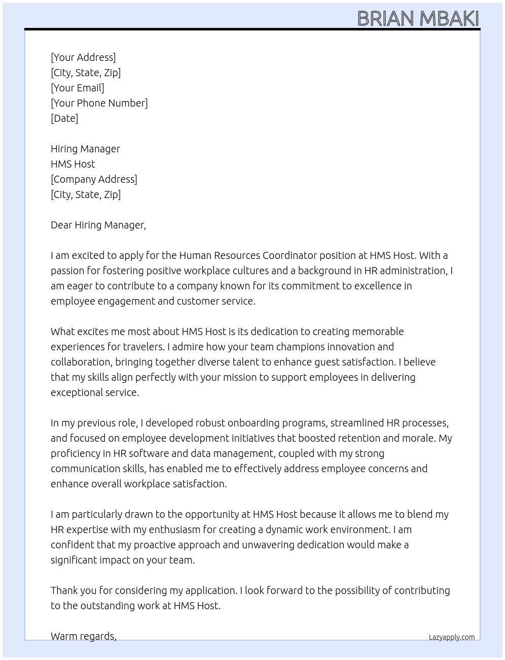 Human Resources Coordinator At HMS Host Cover Letter