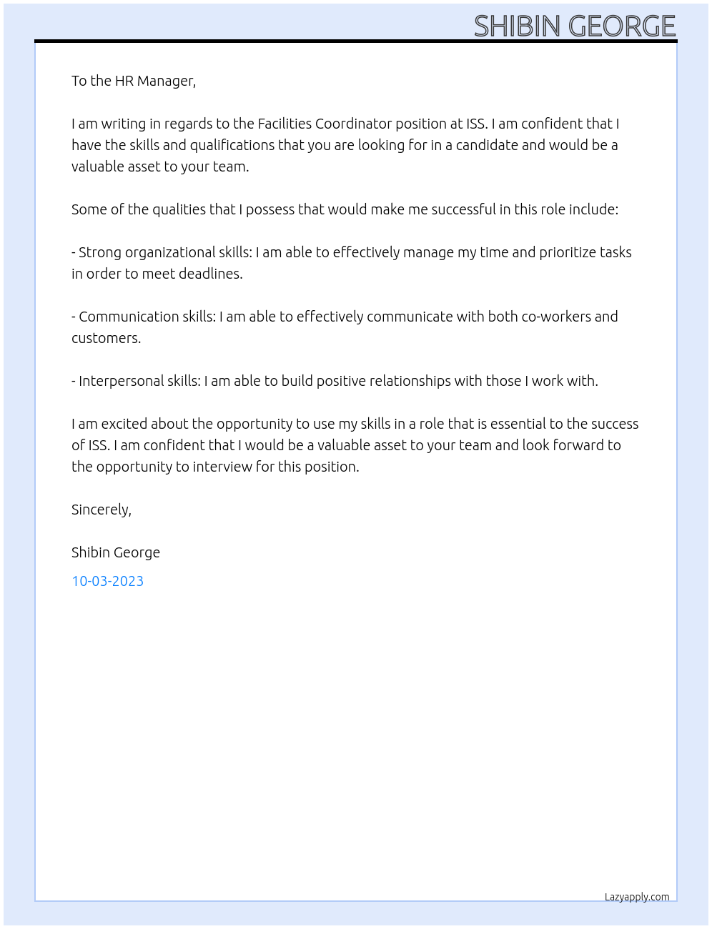 Facilities Coordinator At ISS Cover Letter